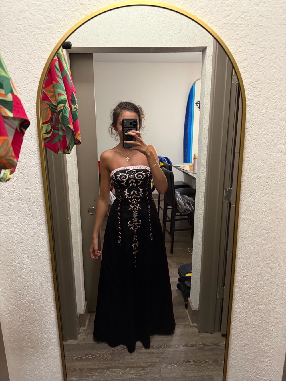 Strapless Black Maxi Dress with White Embroidered Detail - Picture 3 of 3